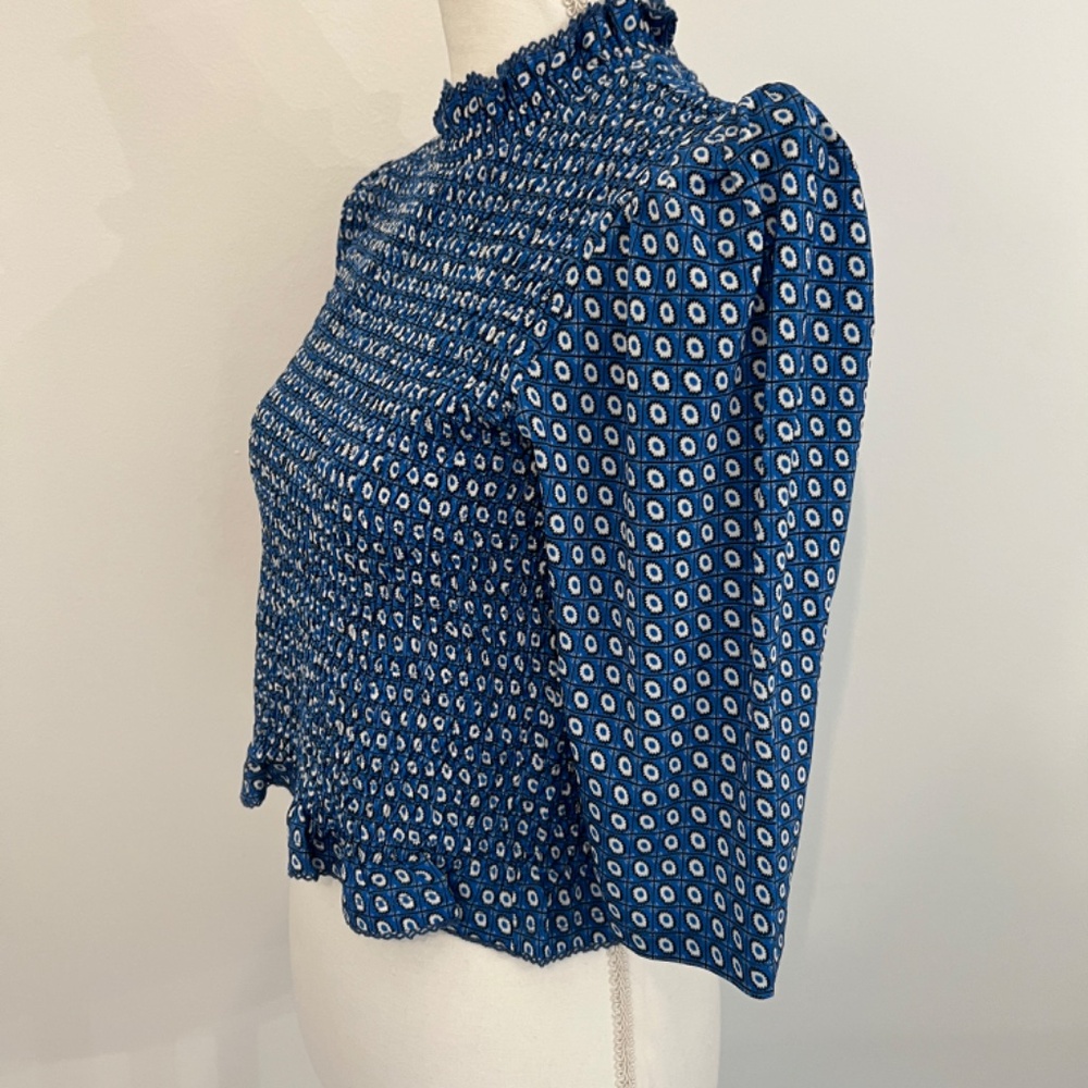 SANDRO Blue Floral Ruched Top Short Puff Sleeve Workwear Contemporary Blouse - Picture 3 of 7